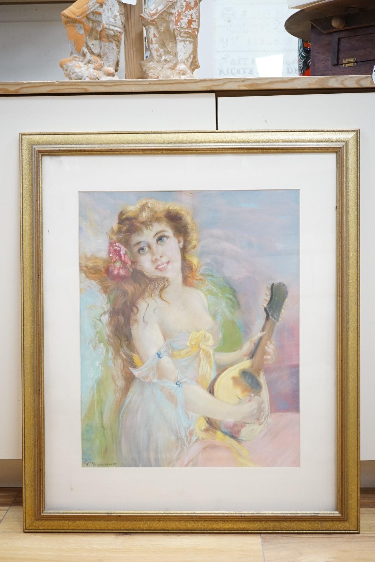 V. Bonnat, French Art Nouveau style pastel, Portrait of a young woman playing a lute, signed, 47 x 37cm. Condition - fair to good